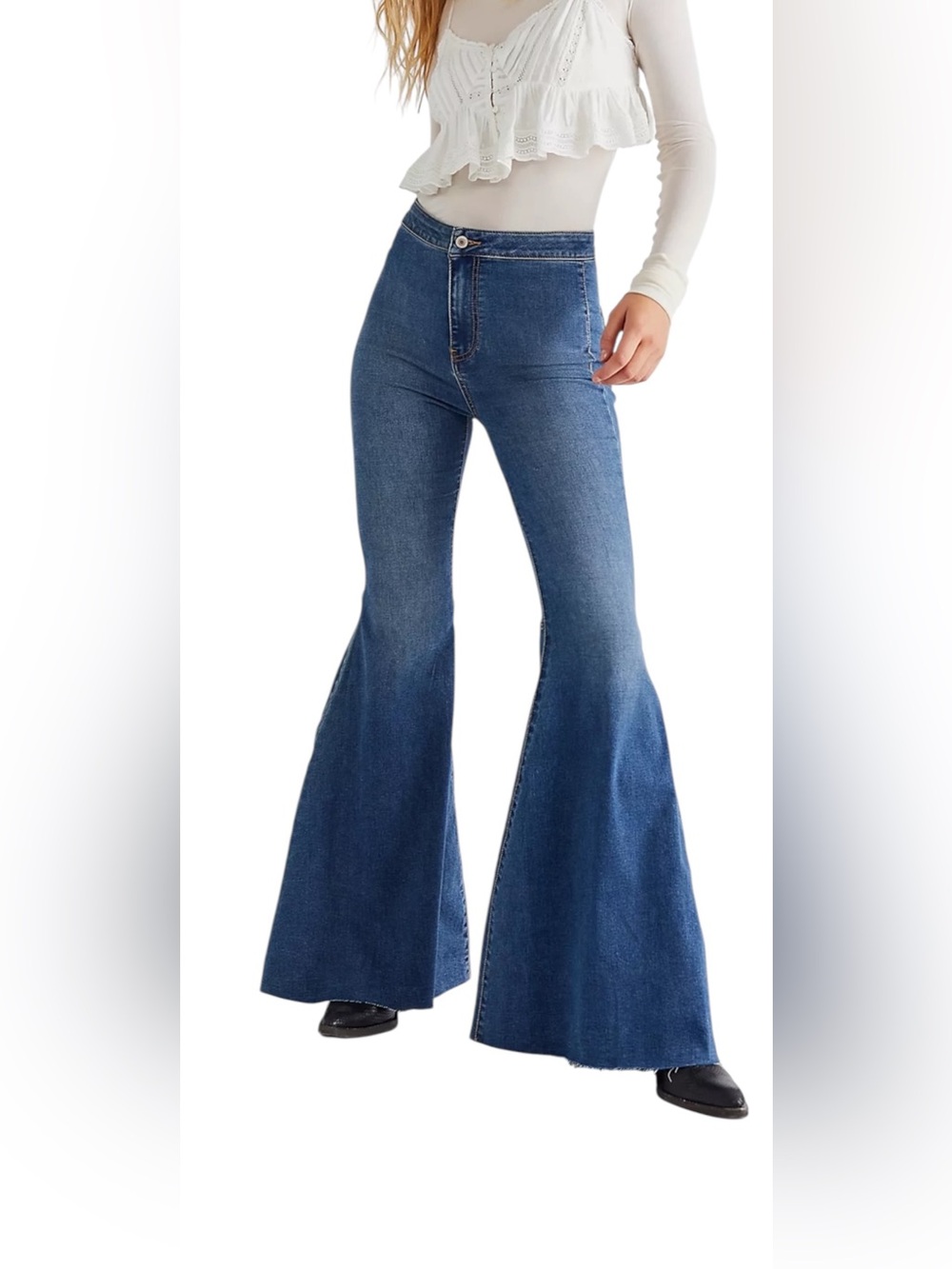 We The Free Just Float On Flare Wide Bell Bottoms Blue Denim High Rise Size 28
